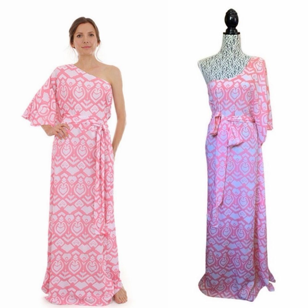 Kenna + Maxi Cami Ikat Tribal‎ Print Belted One Shoulder Kaftan Pink, White Size